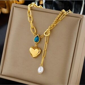 Gold Heart Pendant Necklace with Blue and Pearl Accents